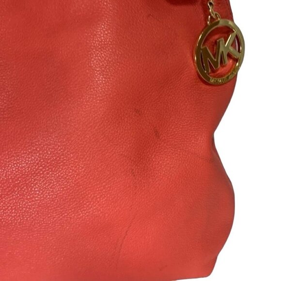 Michael Kors Red Pebbled Leather Oversized Shoulder Bag With Gold Chain Strap - Picture 11 of 11